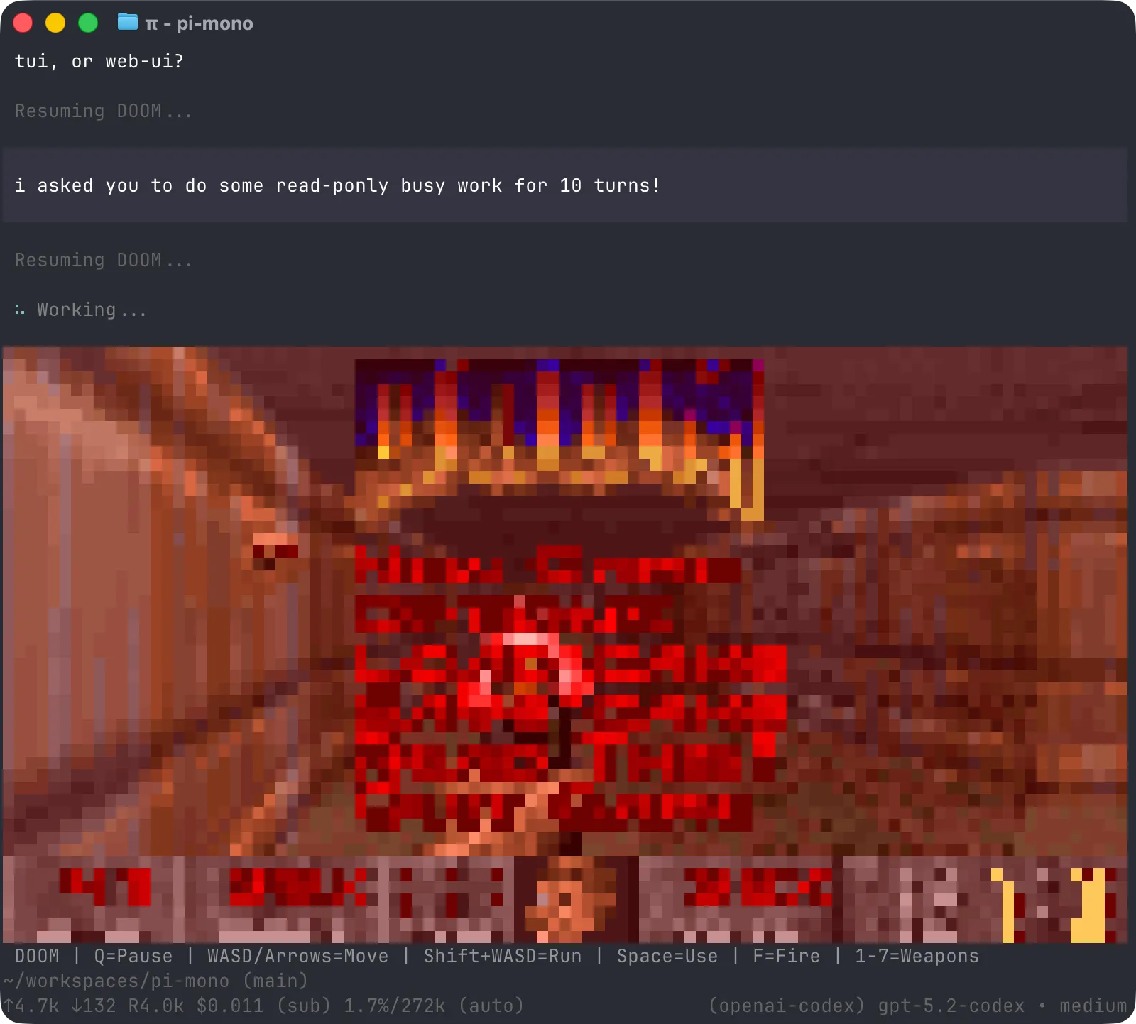 在 TUI 里跑 DOOM 的截图（仓库原生截图）